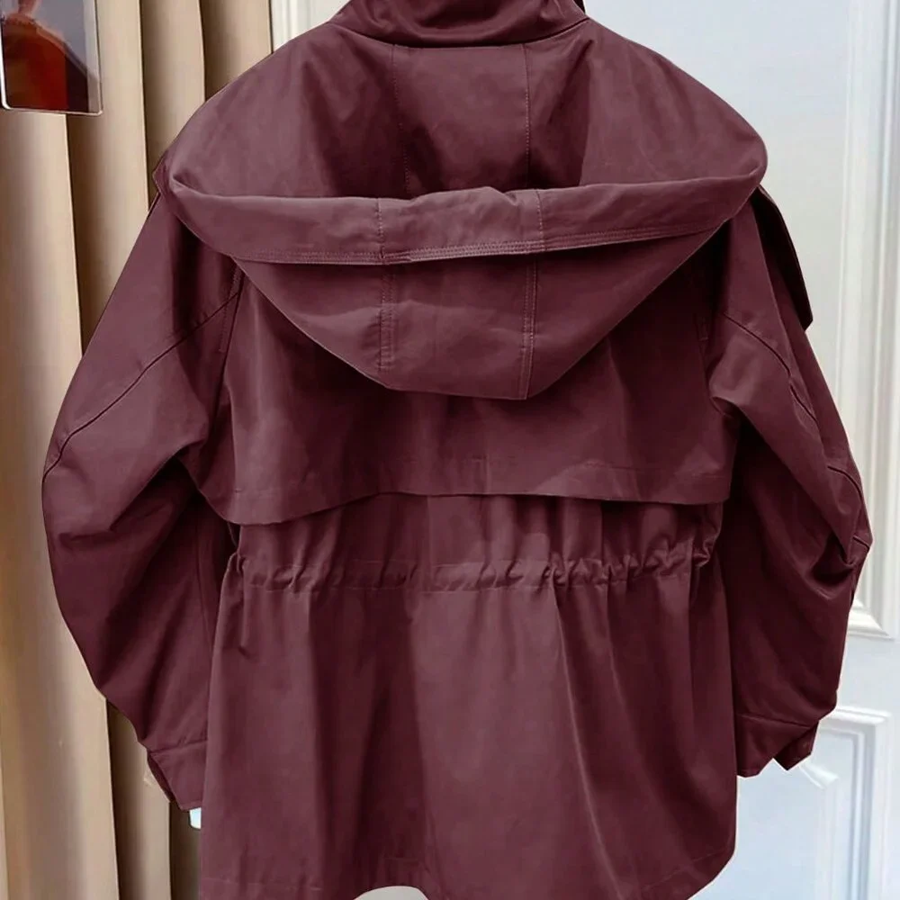 Burgundy Casual Women's Drawstring Pocket Front Button Trench Coat - Picture 2 of 5